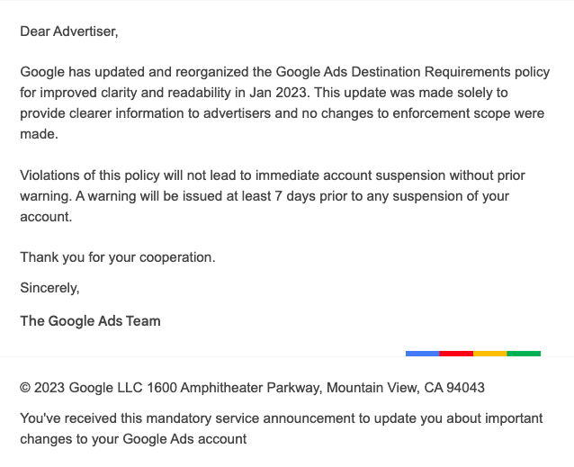Updated Google Ads Destination requirements policy