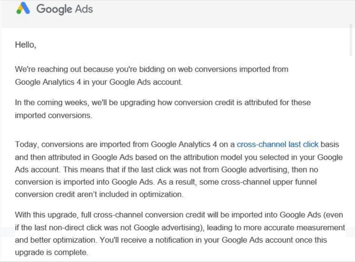 Google is changing its non-direct click import to full cross-channel conversions.