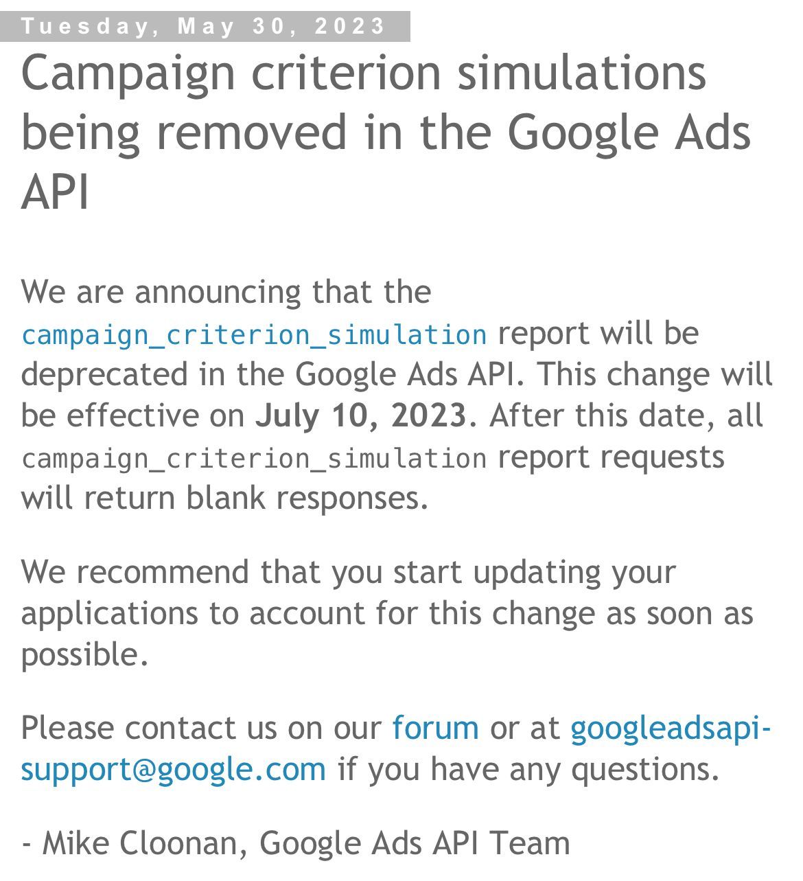 Change in Google Ads API