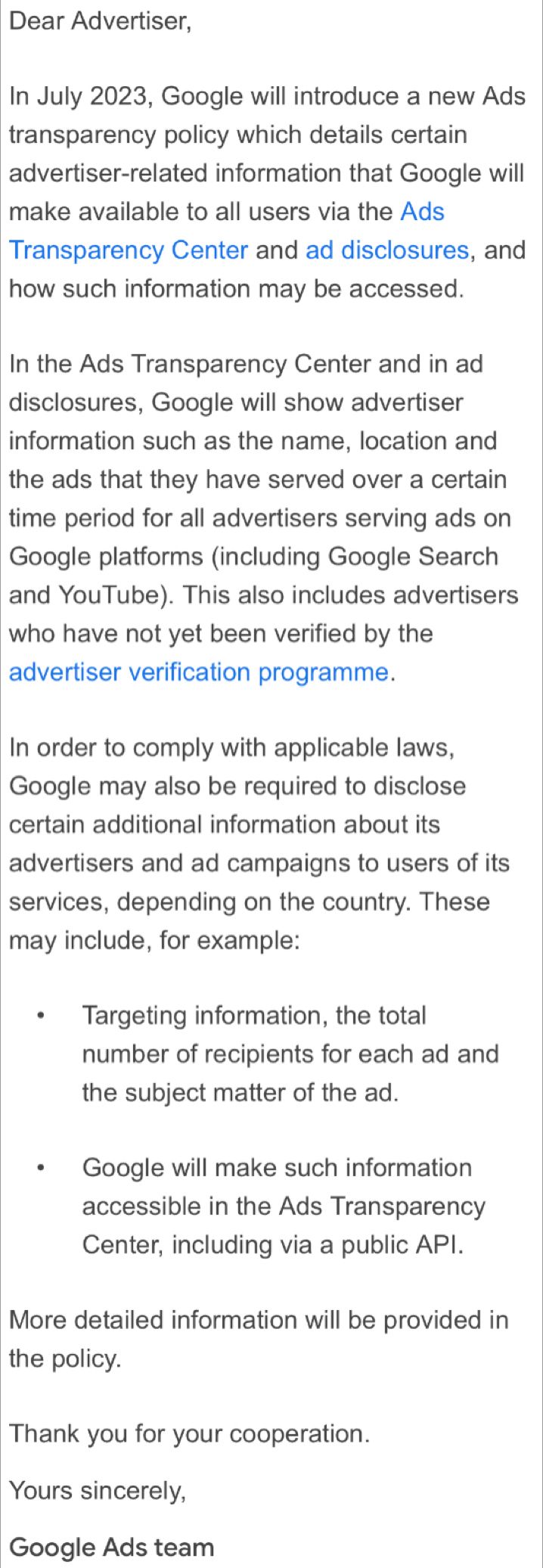 New Ads transparency policy