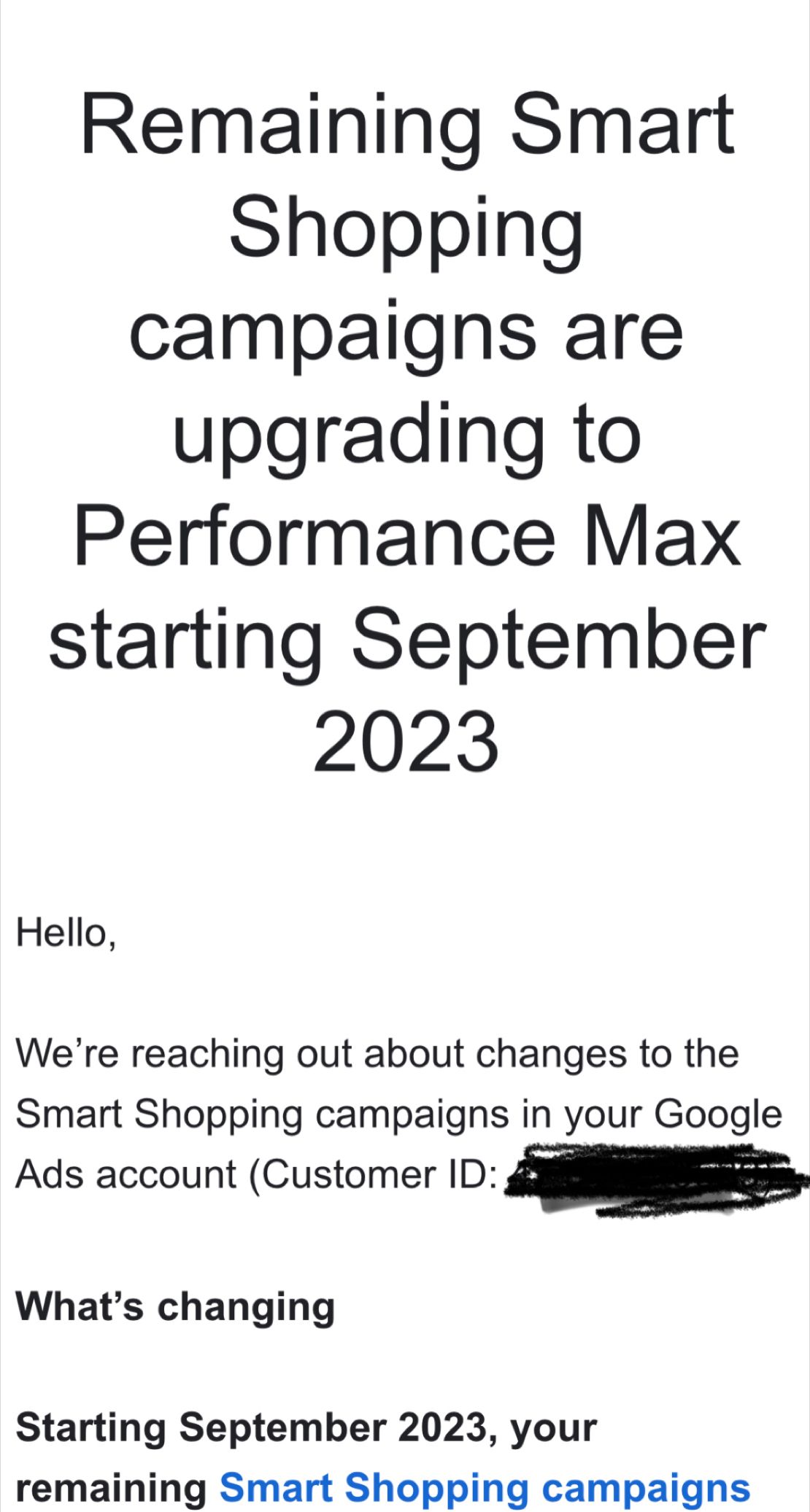 Smart Shopping Pmax upgrade email