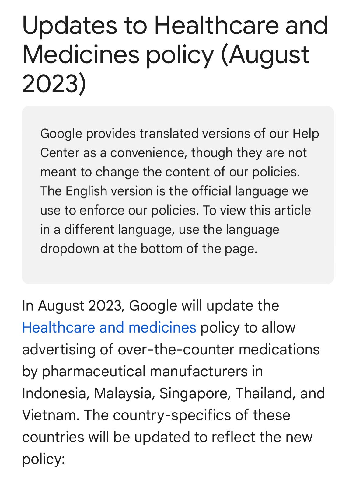 Update Healthcare and Medicines policy