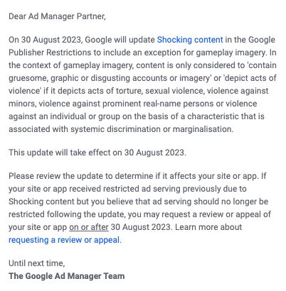 Google publisher Restrictions Update