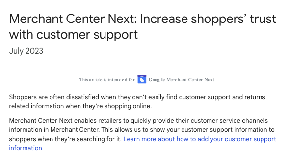 New in Merchant Center Next Customer support?