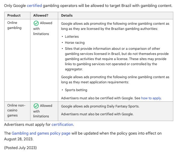 Update Google Ads Gambling and games policy Brazil