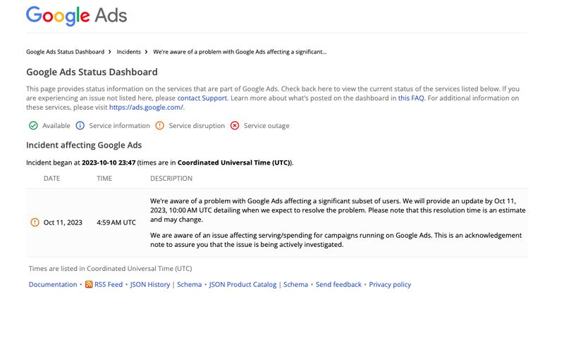 Google Ads service disruption