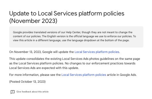 Update Local Services Platform Policies