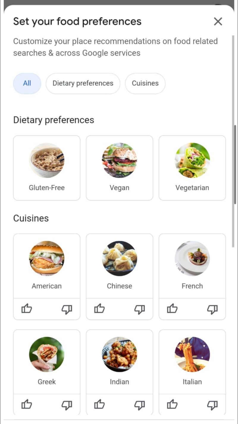 Google is testing with preference for food settings