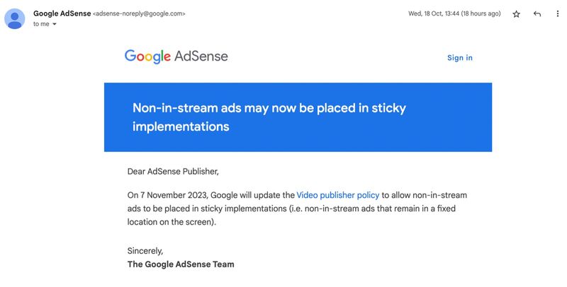 Google’s November Update: Non-In-Stream Ads in Sticky Implementations