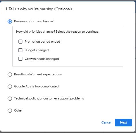 Google Introduces Pop-Up when you pause your Campaign