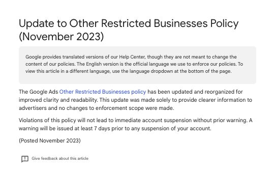 Update to Other Restricted Businesses Policy