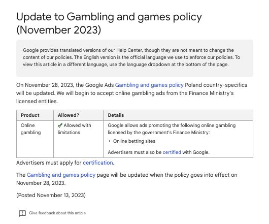 Google Updates Gambling and Games Policy in Poland