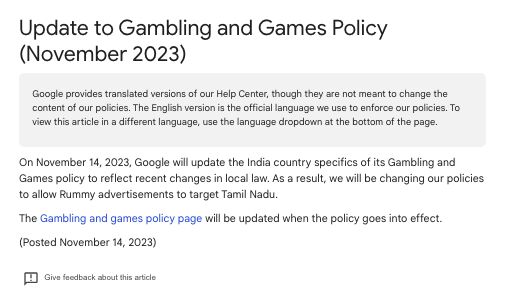 Google Updates Gambling and Games Policy in India