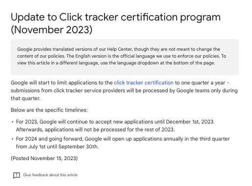 Update Click Tracker Certification Program