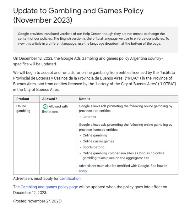 Google Ads Update for Argentina Gambling and Games Policy