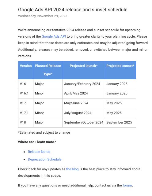 Google Ads API 2024 release and sunset schedule