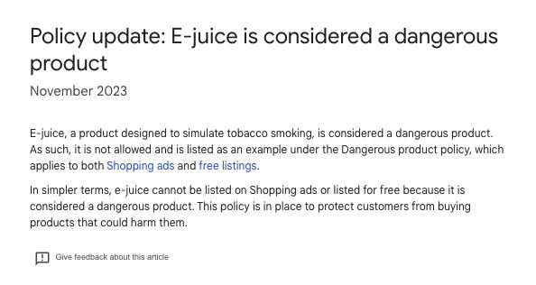 Google Bans E-Juice from Shopping Ads and Free Listings