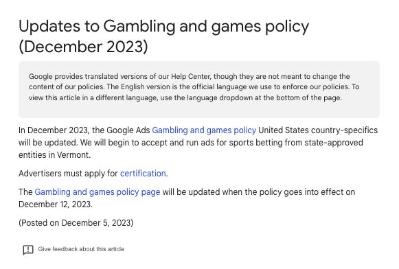 Updates to Gambling and games policy