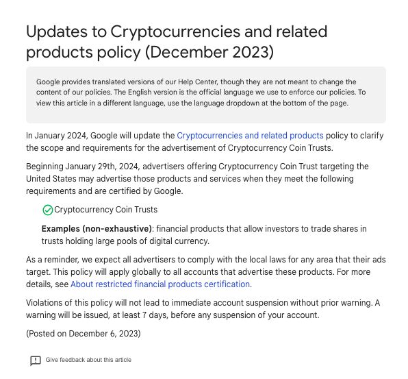 Updates to Cryptocurrencies  and related products policy!