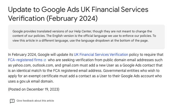  Google will update its UK Financial Services Verification policy