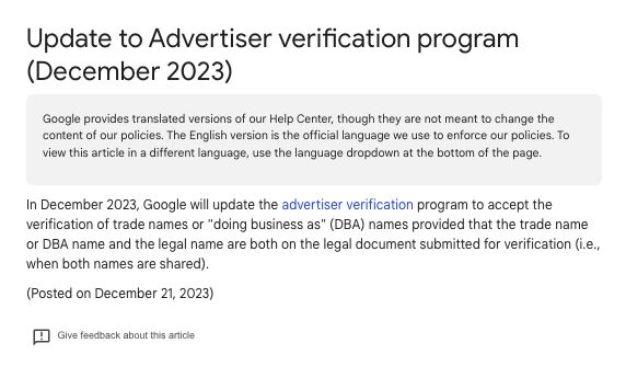 Google will update the advertiser verification program