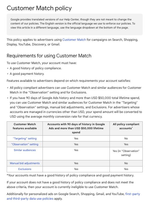 Customer Match Requirements