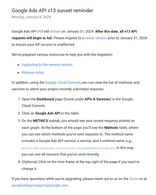 Google Ads API v13 reminder