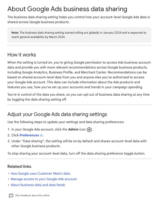 New Google Ads business data sharing