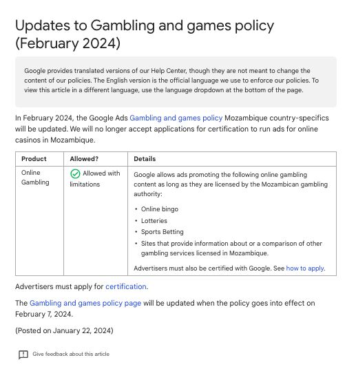 Mozambique’s Gambling and games policy update