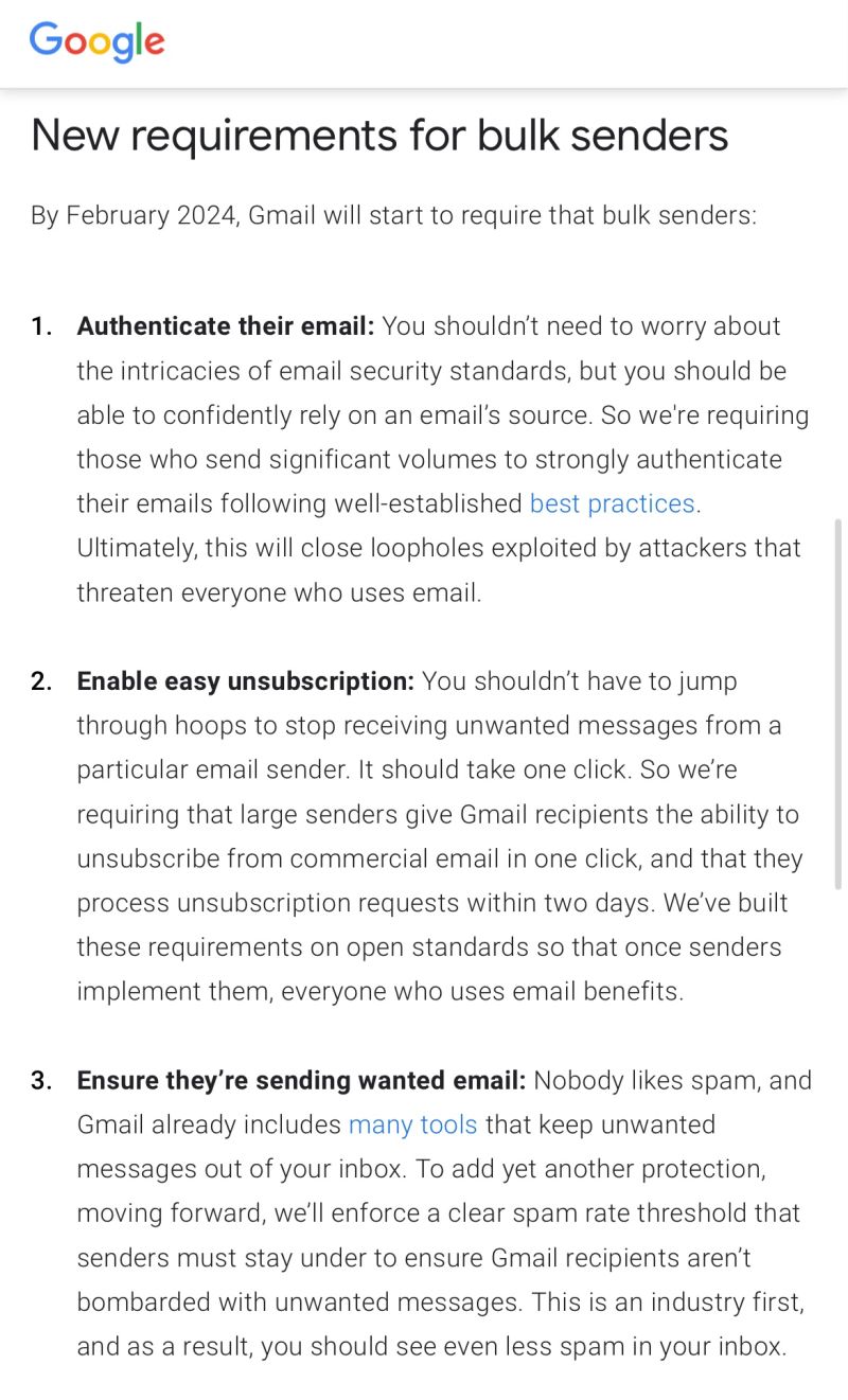 Google’s new requirements for Gmail messages