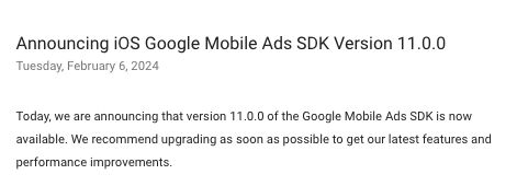 Announcing iOS Google Mobile Ads SDK Version 11.0.0