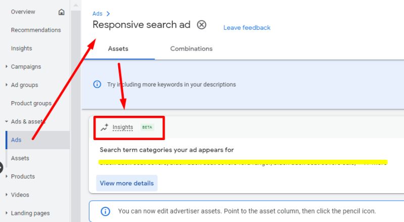 Search term categories your Ad appears for