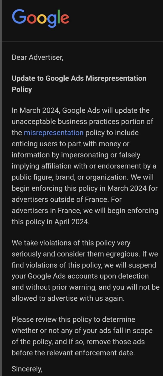 Google Ads misrepresentation policy update