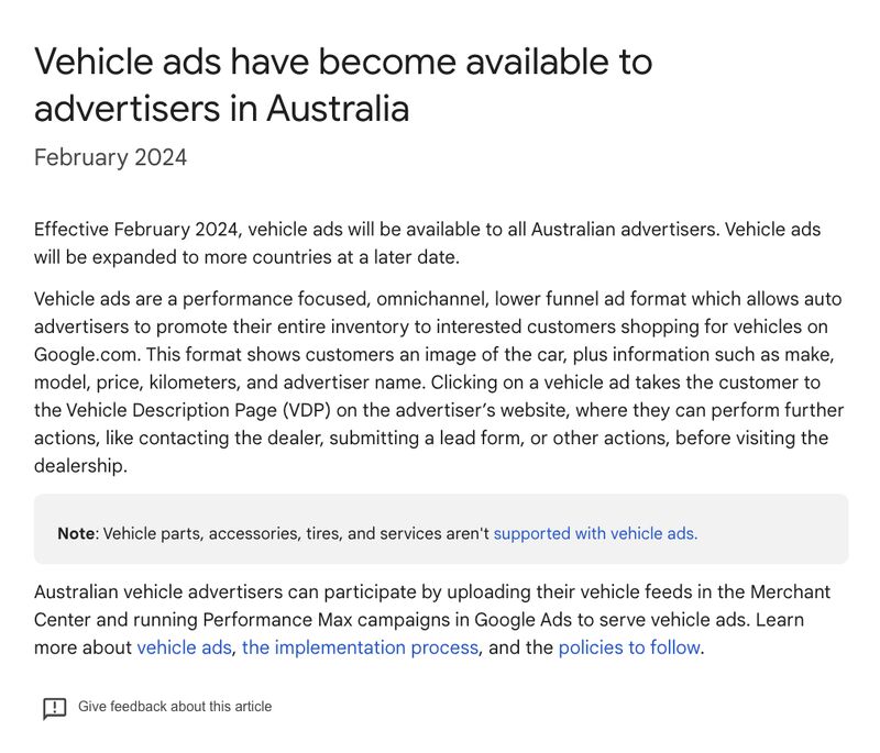 Vehicle ads will be available to Australian advertisers!