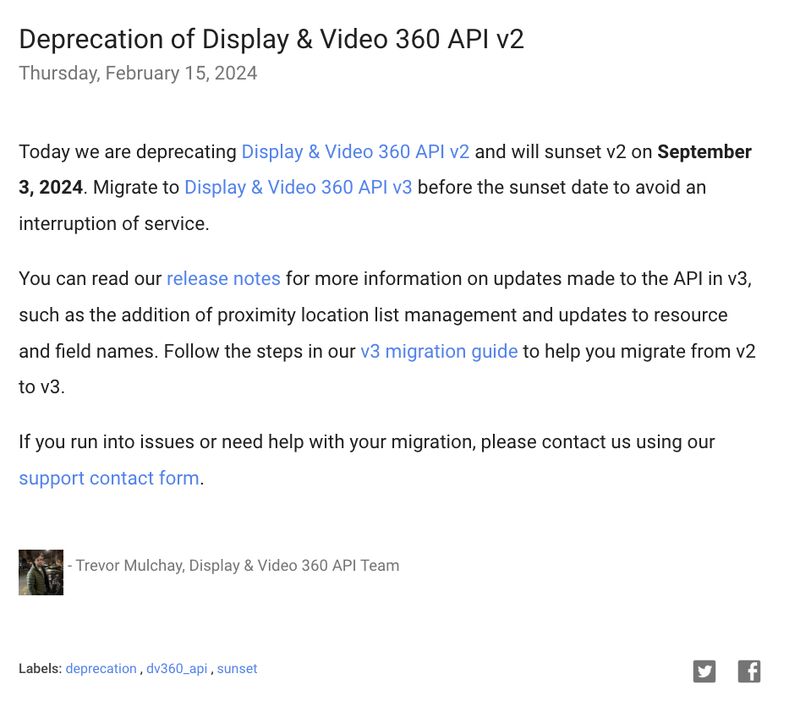 Google’s Sunset for Display & Video 360 API v2 Set for September 3, 2024