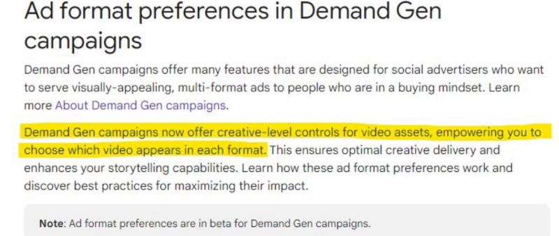 Google’s Latest Release – Ad Format Preferences Documentation for Demand Gen