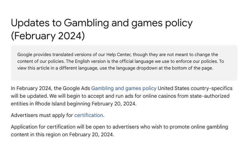 US Google Ads Policy Update for Gambling and games