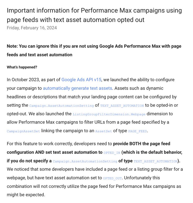 Google Note on Performance Max Campaign Changes