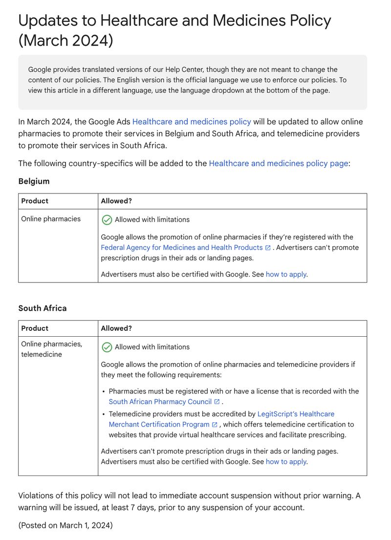 Google Ads Update for Pharma and Telemed in Belgium & South Africa