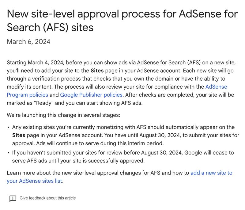 New site-level approval process for AdSense