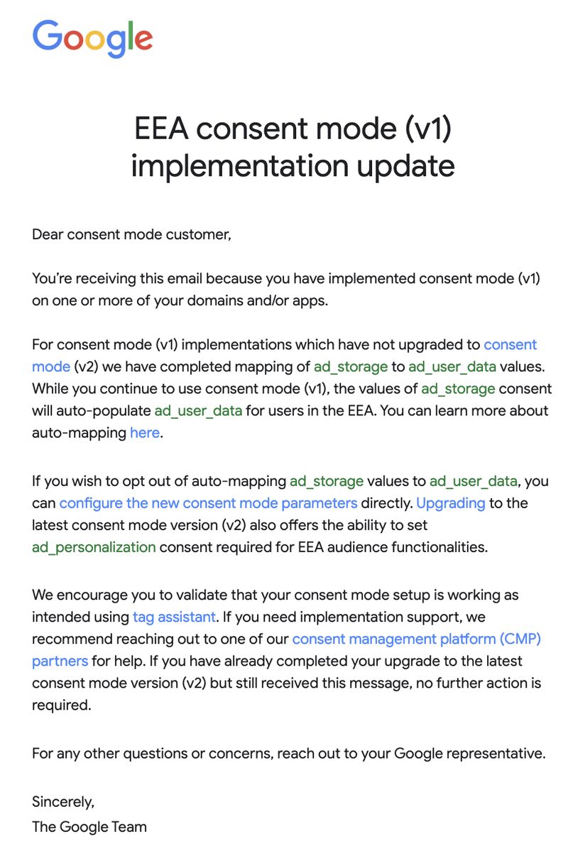 Google Notifying V1 Consent Mode Users