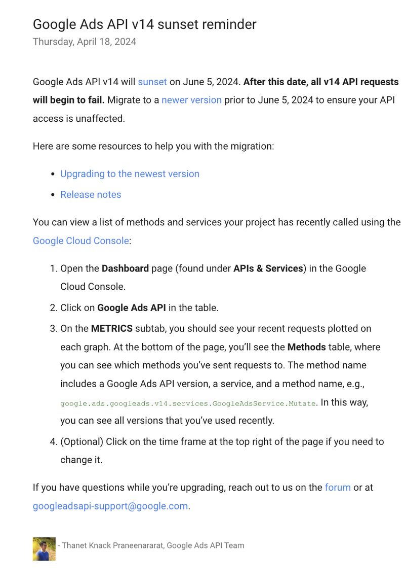 Google Ads API v14 sunset reminder