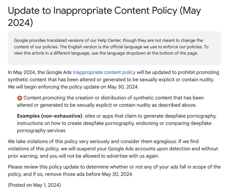 Update to Inappropriate Content Policy