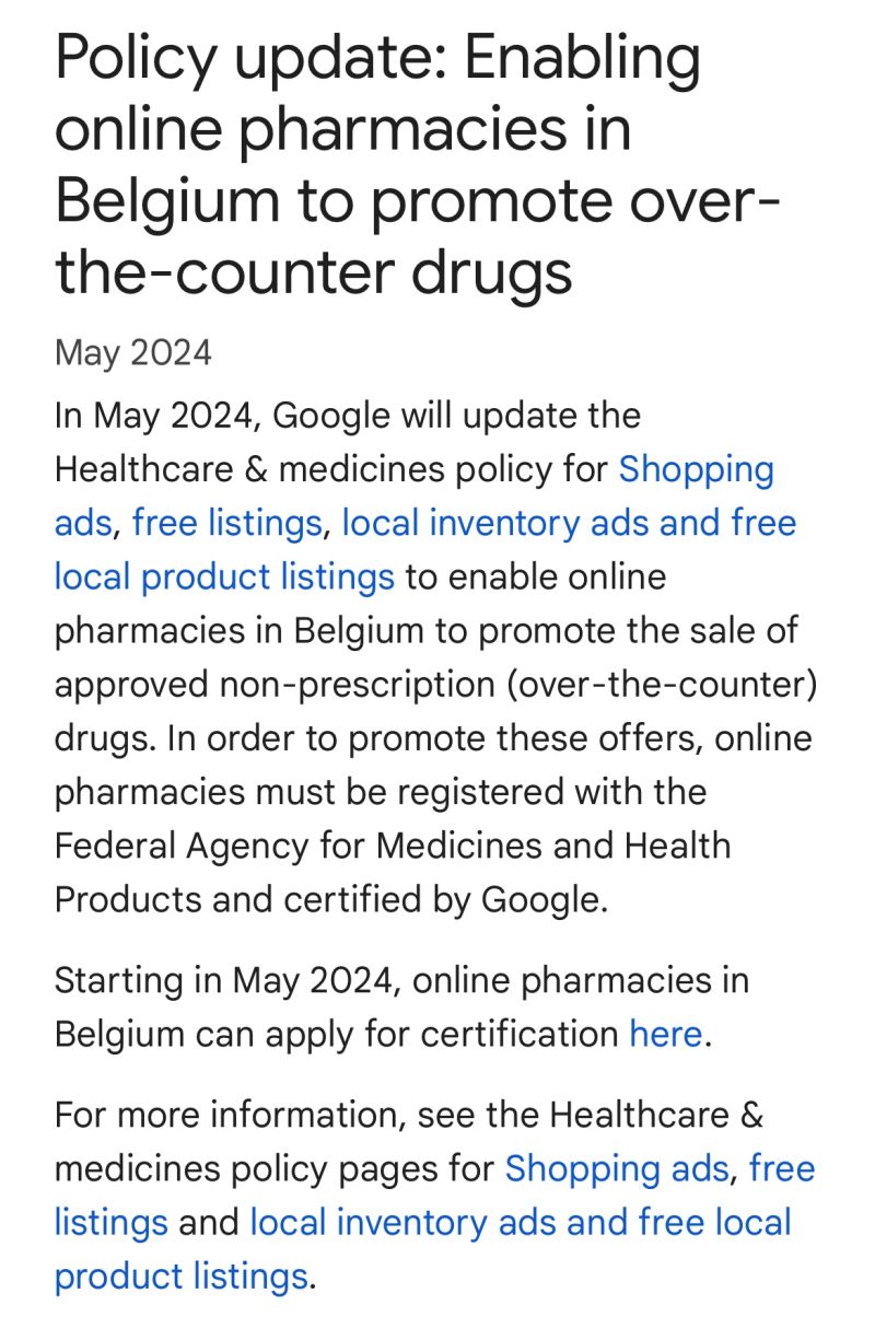 Google Enables OTC Drug Sales in Belgium