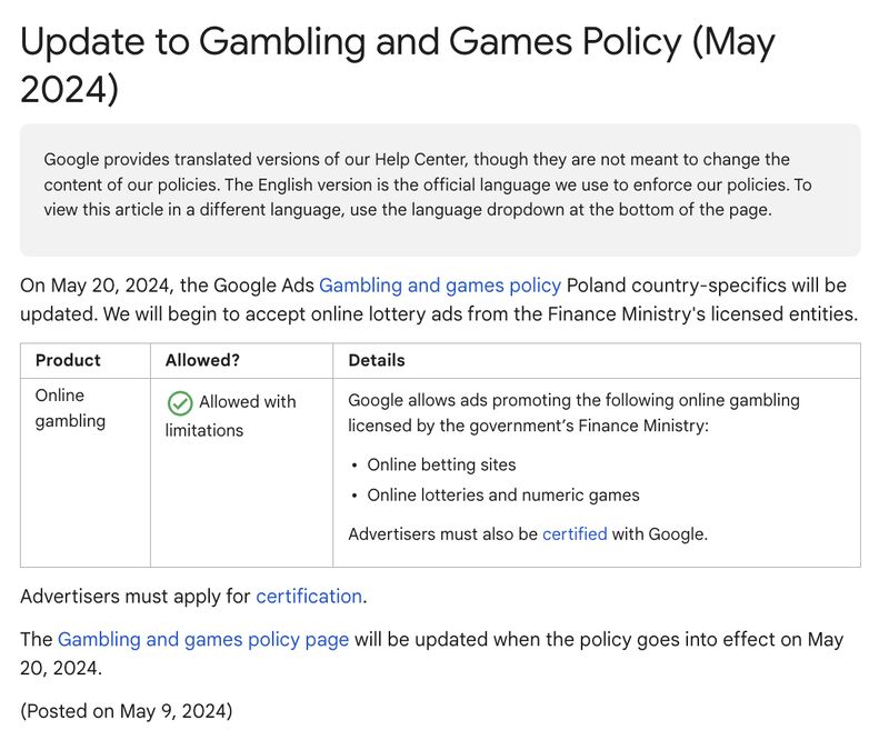 Google Ads Gambling and games policy update