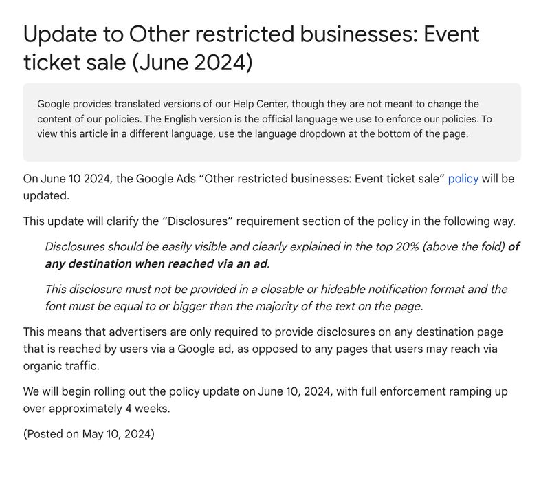 Google Ads event tickets policy update