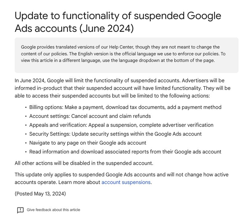 Update to functionality of suspended Google Ads accounts