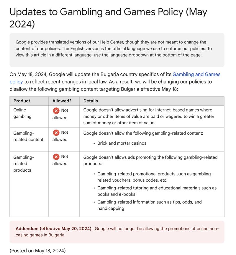 Updates to Gambling and Games Policy Bulgaria