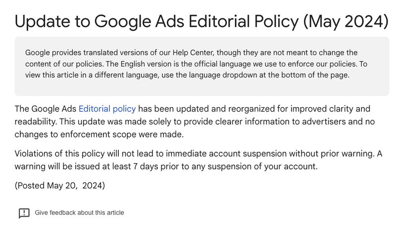 Update to Google Ads Editorial Policy