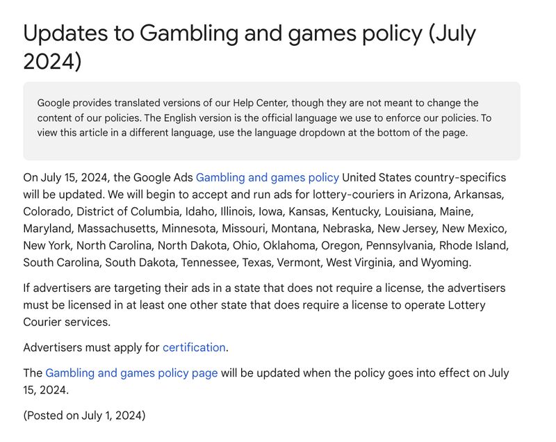 Gambling Policy update